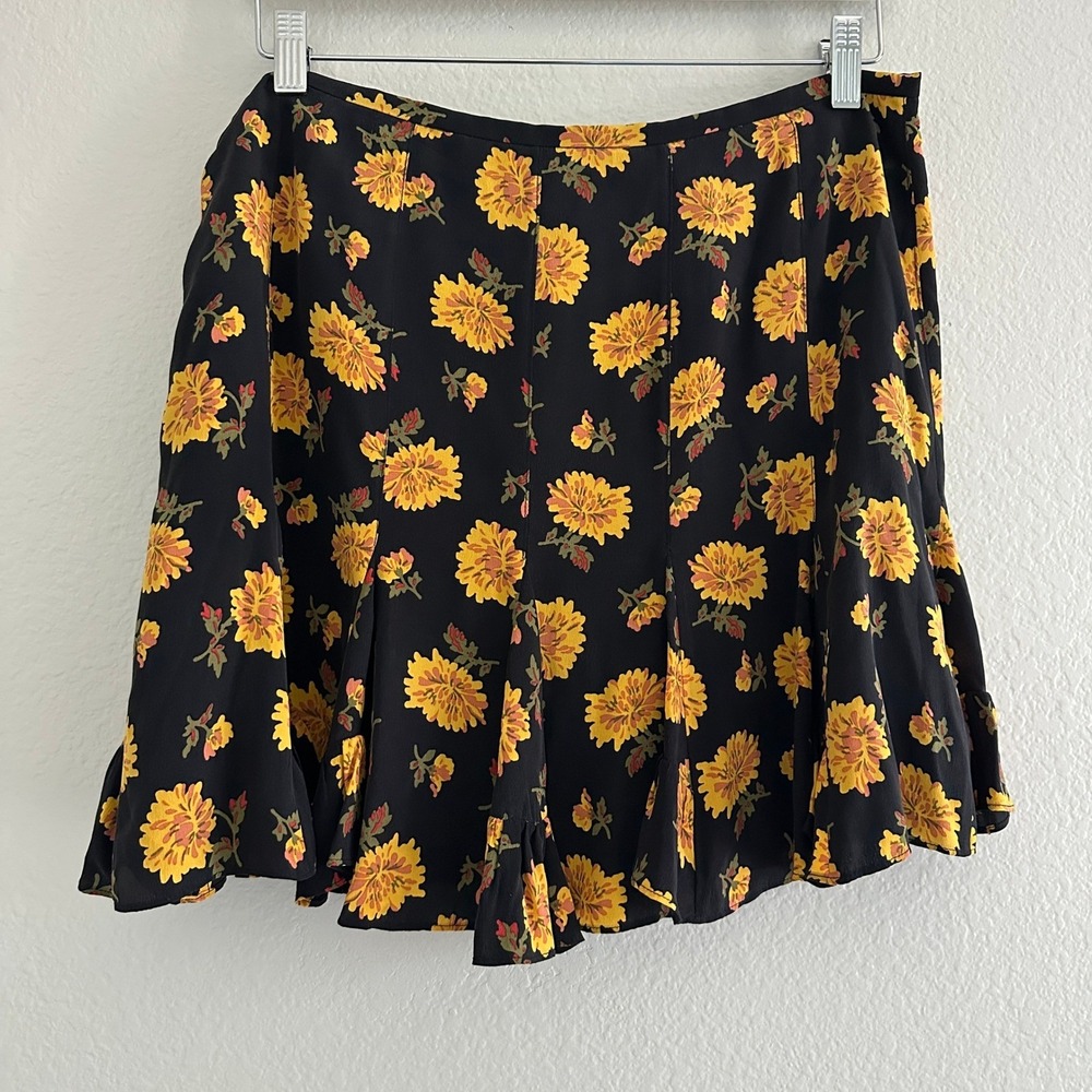 Veronica Beard Floral Mini Skirt Womens 6 Black Yellow Silk Godet Pleat Flounce